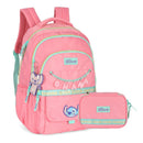 Kit Mochila de Costas G + Estojo Box Stitch Disney | Rosa Salmão Turquesa | 2 Peças Ohana | Chaveiro Angel
